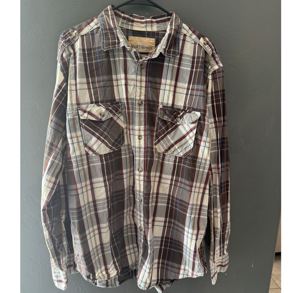RuffHewn Well Worn Mens XL Plaid Button Down Shirt Cotton Epaulets Brown Red